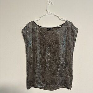 Eileen Fisher Women's‎ Rye Clear Sequins Shimmer Short Sleeve Top XS Gray Silver